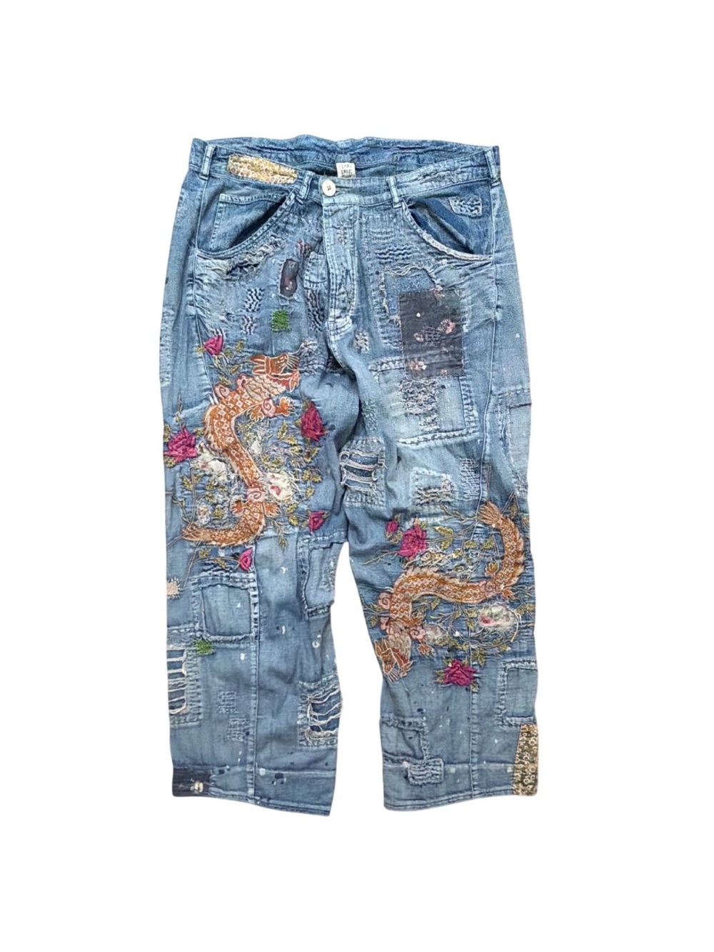 Magnolia Pearl Light Blue Relaxed Jeans with Embroidered Dragons